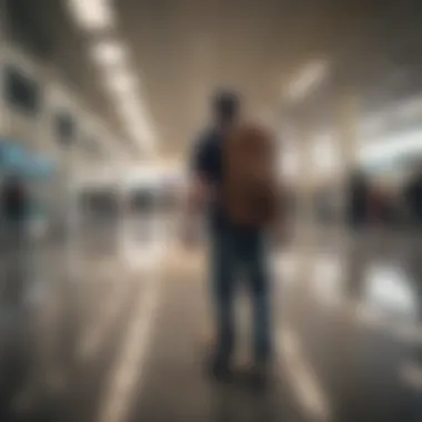 A person carrying a longboard travel bag while traveling through an airport