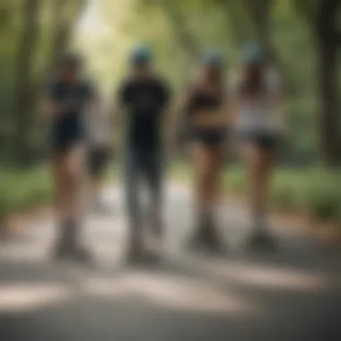 Group of longboarders sharing tips at a park.