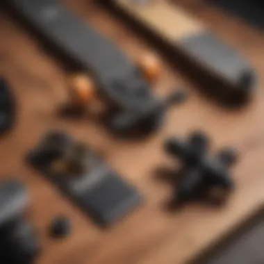 Close-up of essential longboarding gear laid out on a wooden surface.