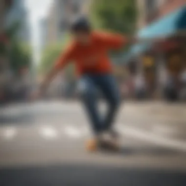 A longboarder performing a trick on a vibrant urban street.