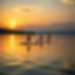 A picturesque view of a tranquil lake with paddleboarders gliding across the surface at sunset