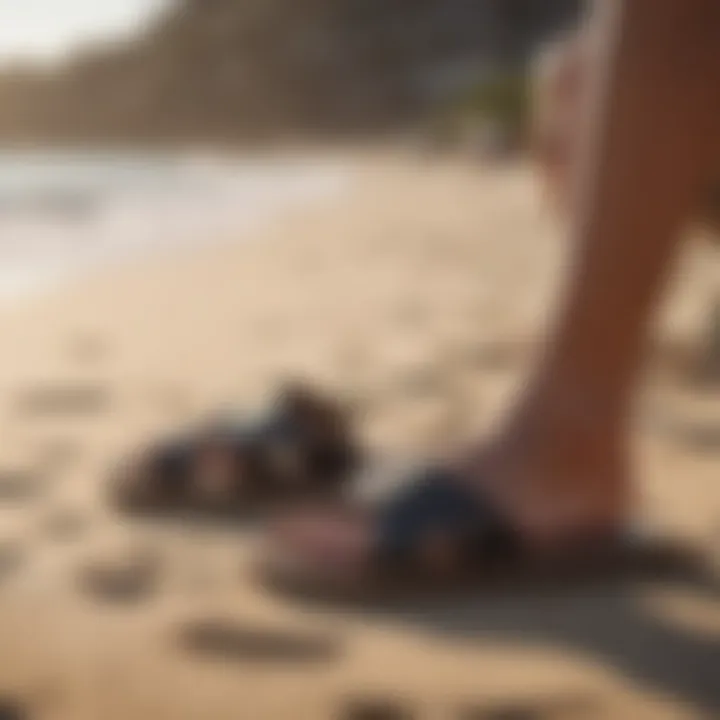 A surfer relaxing on the beach wearing stylish and comfortable surf sandals