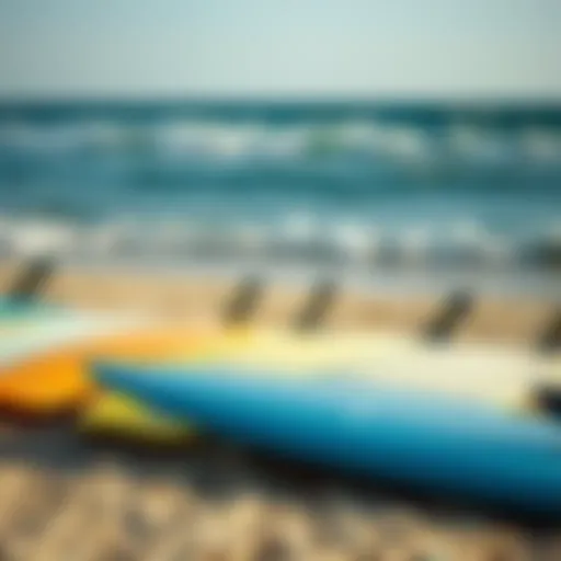 High-Performance Surfboards A selection of high-performance surfboards arranged neatly on a beach.