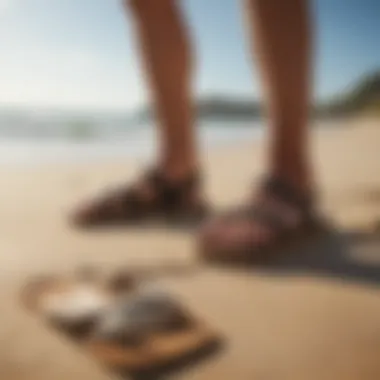 Surfer choosing sandals on a sandy beach under sunny weather