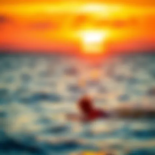 A vibrant sunset over a calm ocean, perfect for water activities.