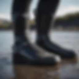 Close-up of wetsuit boots showcasing unique material texture