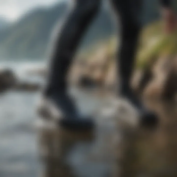 Wetsuit boots in a natural water setting emphasizing usage