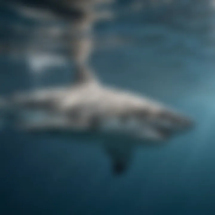 An elegant great white shark gliding through clear blue waters, showcasing its streamlined body and powerful presence.