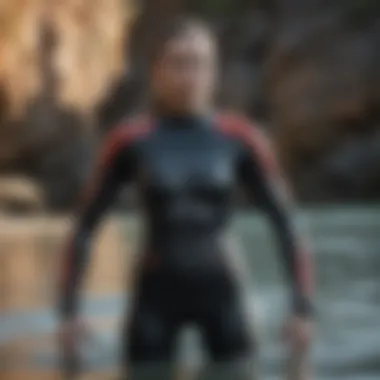 An athlete demonstrating the fit of a wetsuit during a watersport activity