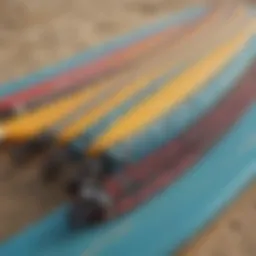 A close-up view showcasing a variety of surfboard leashes in different materials and colors.