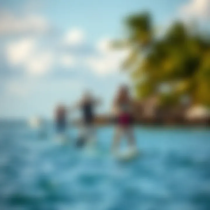 A scenic view of paddleboarders gliding over clear waters