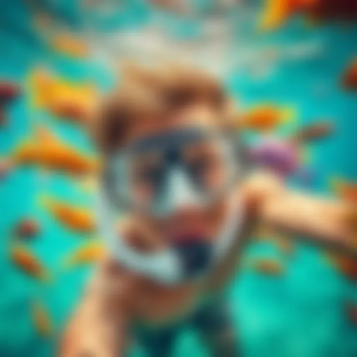 An adventurer snorkeling among colorful fish