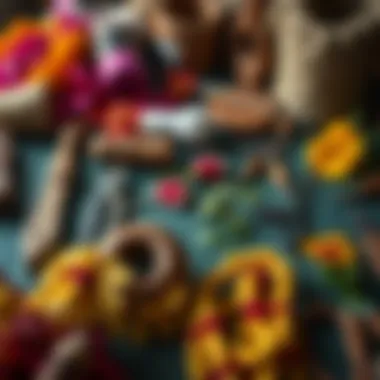 Traditional Hawaiian tools and materials laid out for lei making