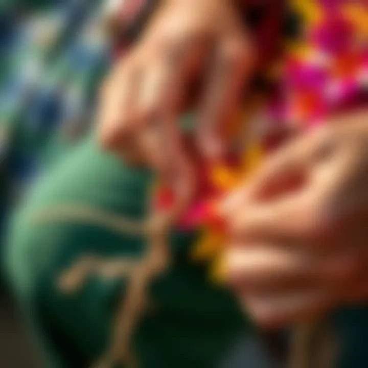 Close-up of hands skillfully weaving a lei with colorful flowers