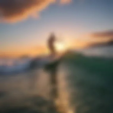 Paddleboarder riding a cresting wave at sunset