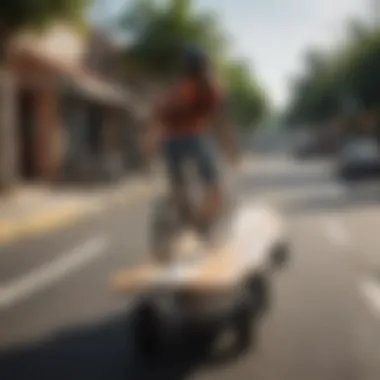 Cyclist riding with surfboard on bike rack