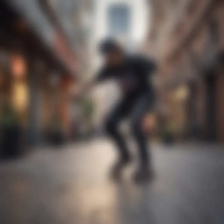 An adult skater practicing techniques with skate trainers in an urban setting.