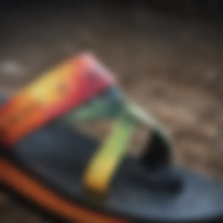 Close-up of intricate pattern on Sanuk tie dye flip flops