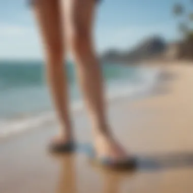 Woman gracefully wearing Sanuk tie dye flip flops