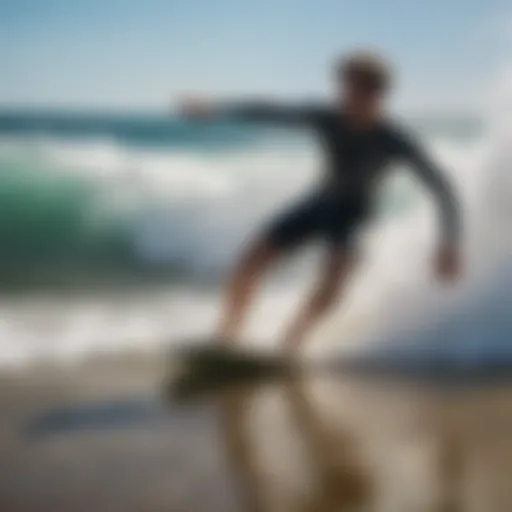 Elegant Skimboarder executing a stylish turn on a shimmering wave