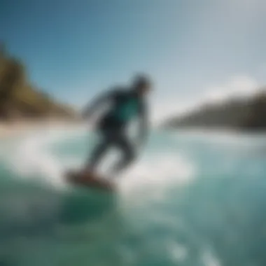 Energetic kitesurfer carving through turquoise waters