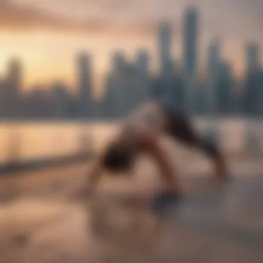 Person in Downward Facing Dog Pose against city skyline