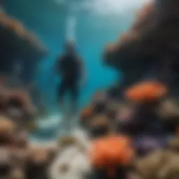 A serene underwater scene showcasing a snorkeler exploring vibrant coral reefs.