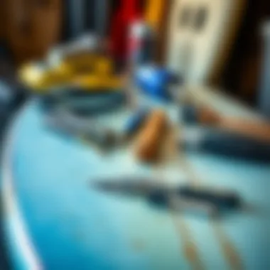 Essential Tools for Surfboard Maintenance Close-up of surfboard maintenance tools and products