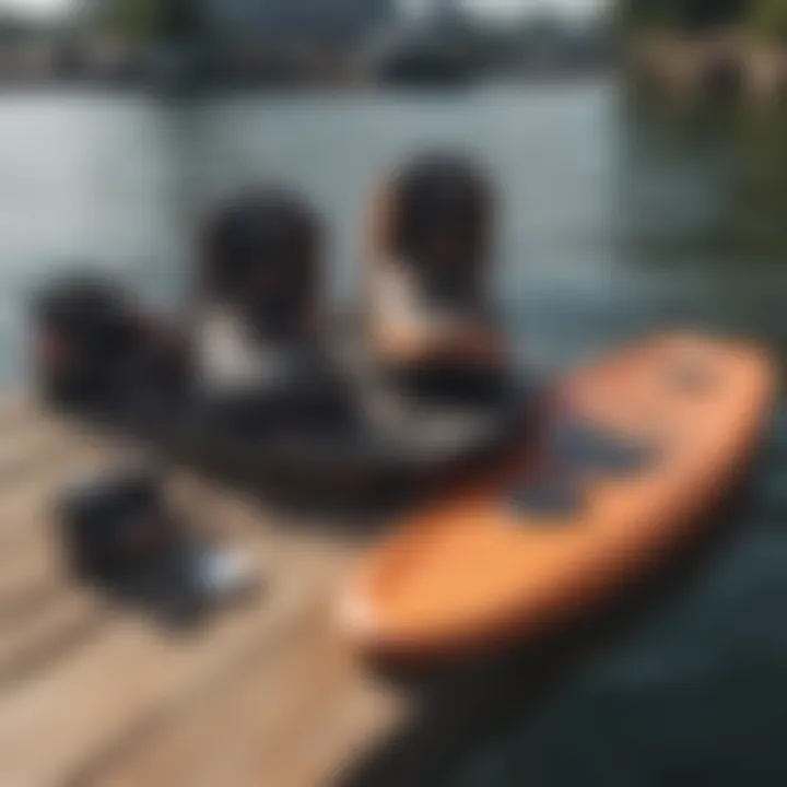 Essential kneeboarding gear laid out on a dock