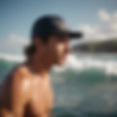 Surfer with a cap-style surfing hat on a wave