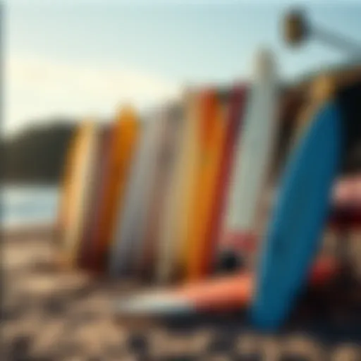 A collection of surfboards displayed on a beach