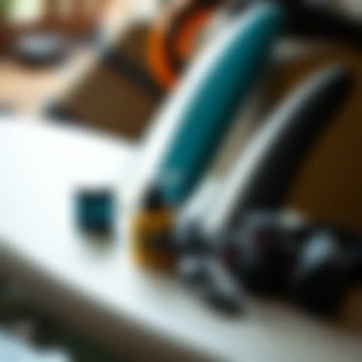 Essential Accessories for an Enhanced Surfing Experience Surfing accessories like wax, leash, and fins arranged aesthetically