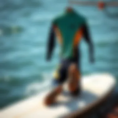 Wetsuit Essentials for Comfort and Protection A vibrant wetsuit hanging on a surfboard