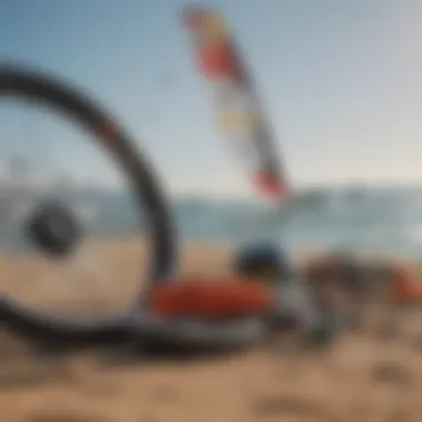 A close-up of various kite surfing equipment laid out, showcasing the essential tools for enthusiasts.