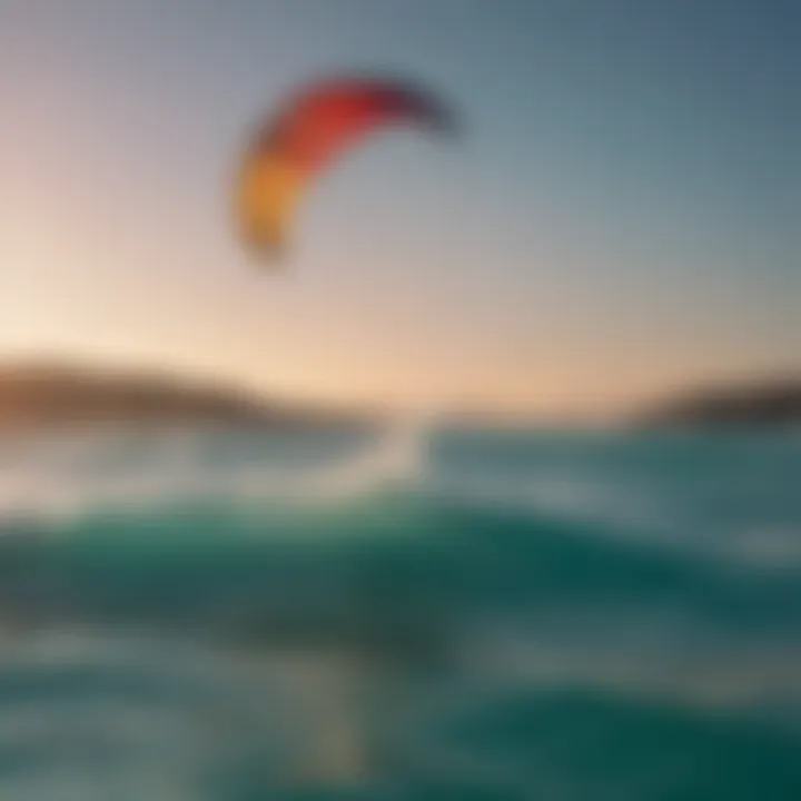 A vibrant kite soaring above a turquoise ocean, epitomizing the thrill of kite surfing.