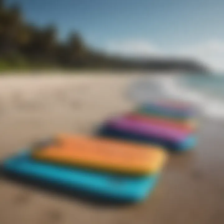 Vibrant array of affordable boogie boards displayed on the beach