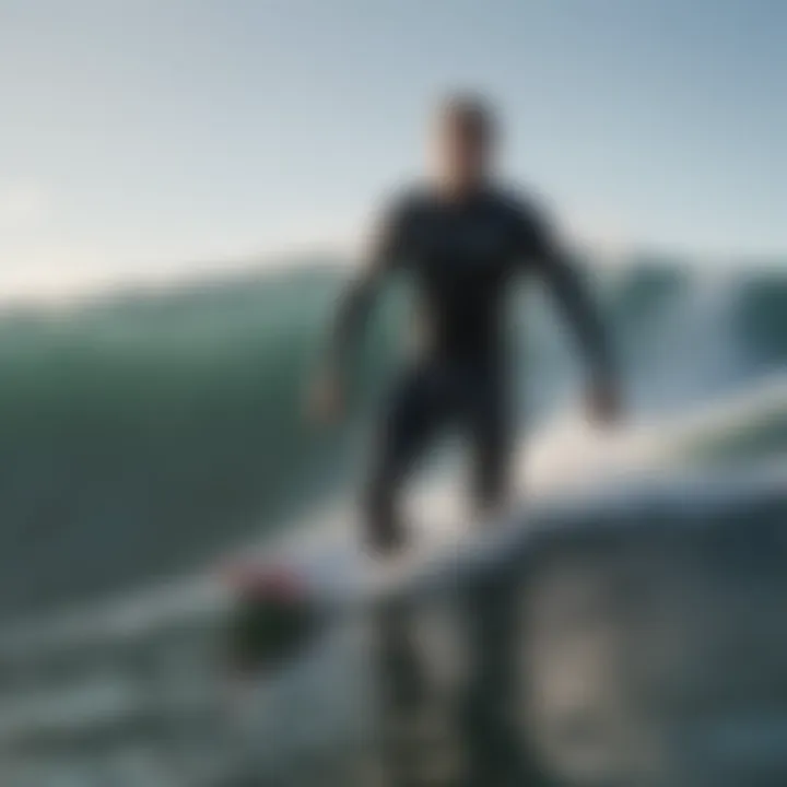 Surfer in 5mm wetsuit catching a wave