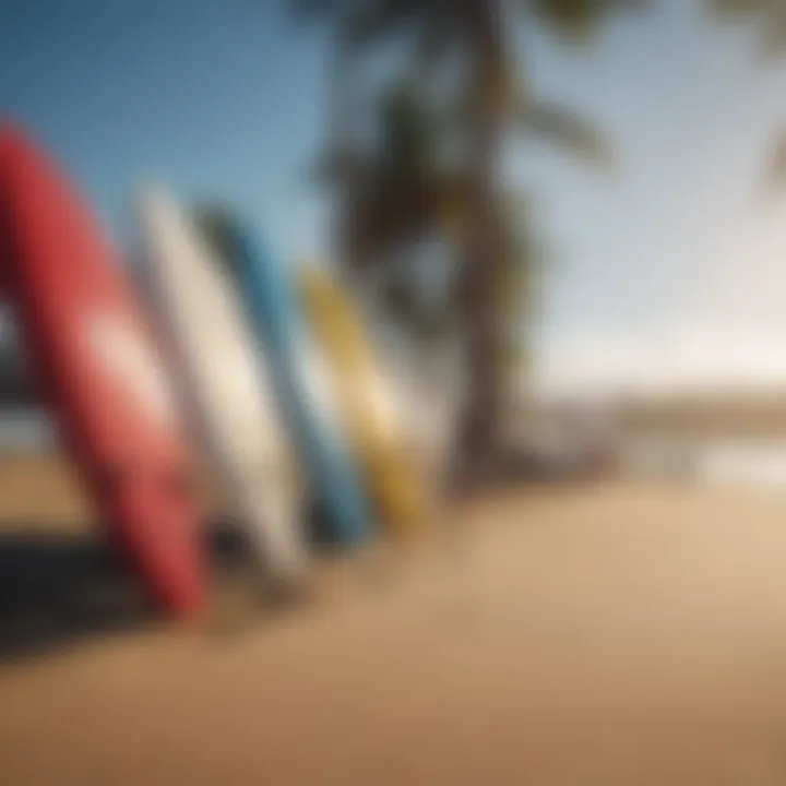 Surfboards lined up on the sandy beach