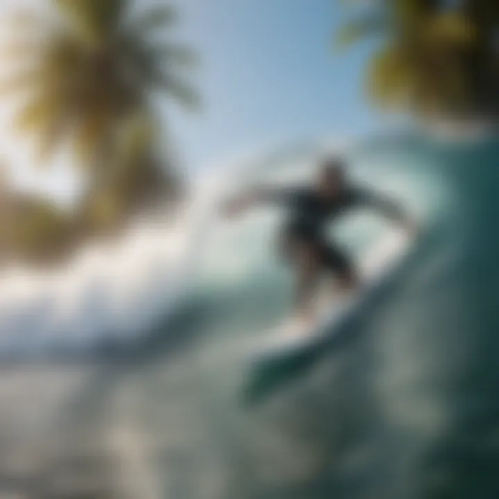 Surfer riding a wave in tropical paradise