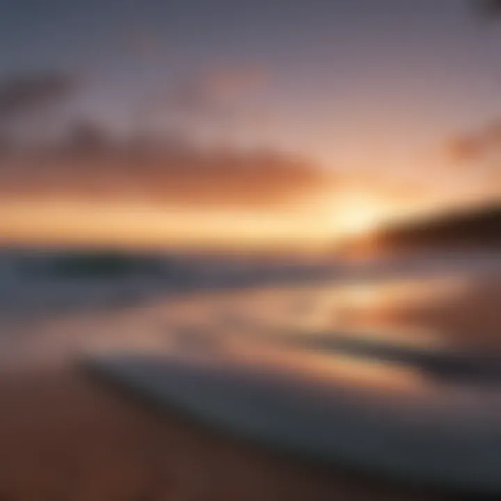 Sunset silhouette of surfboard on sandy beach