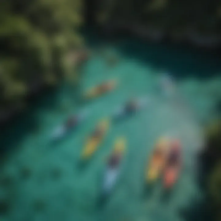 Aerial view of colorful kayaks in the crystal-clear waters of Jamaica