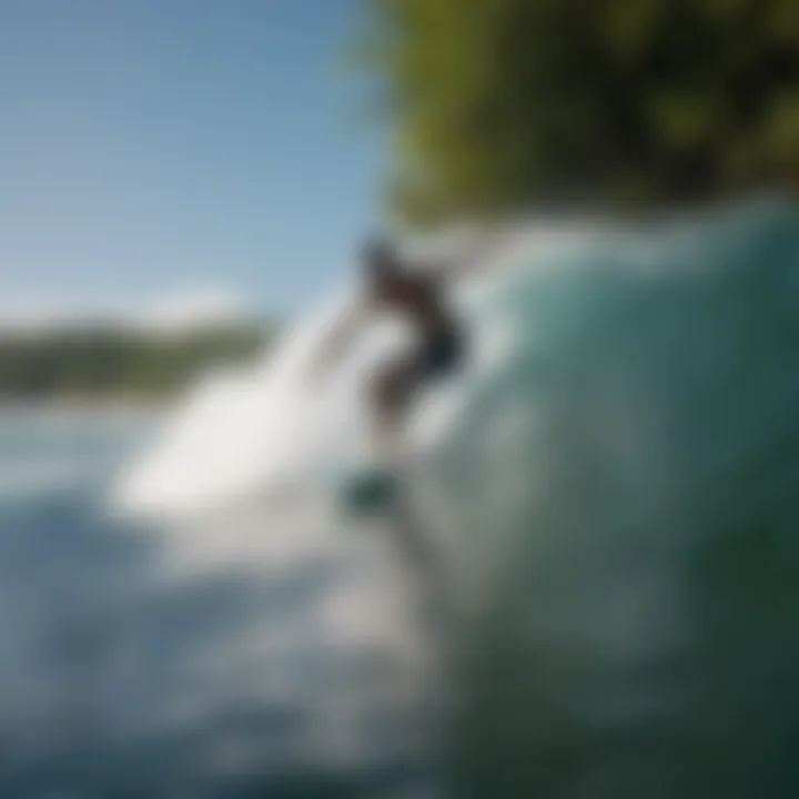 Energetic surfer catching a wave in Jamaica