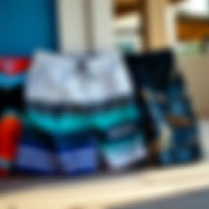 Curated Selection of Board Walk Shorts Brands A selection of renowned brands of board walk shorts neatly arranged.