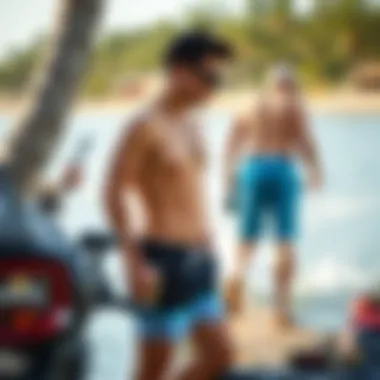 Trendy Board Walk Shorts in Nature Trendy board walk shorts showcased in a stylish outdoor setting.