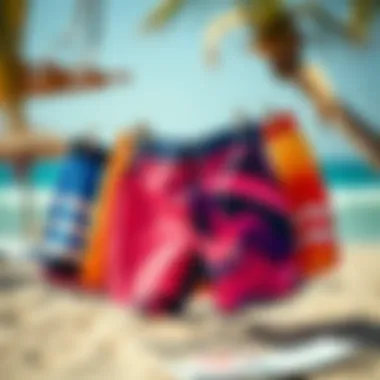 Vibrancy of Board Walk Shorts An array of vibrant board walk shorts displayed on a beach backdrop.
