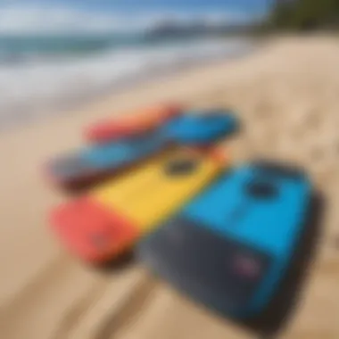 Colorful boogie boards lined up on sandy beach