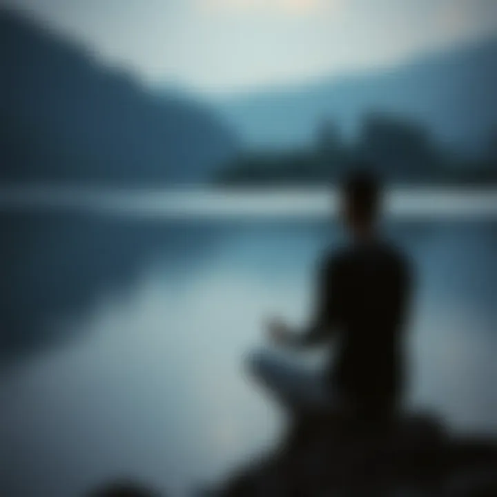A solitary figure meditating by a calm river, representing introspection.