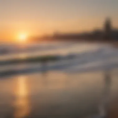 A picturesque sunset view of surfers catching waves at Tel Aviv's famous beach