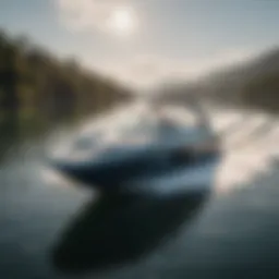 A sleek wake boat cutting through calm waters