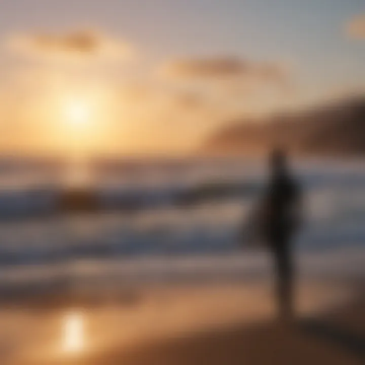 Surfer with dramatic sunset setting in Ensenada